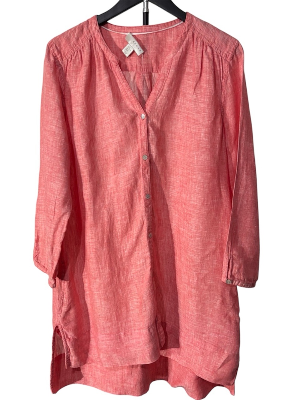 Coral 💯Linen Button Down Tunic 3/4 sleeves beach coverup resortwear Women’s XL